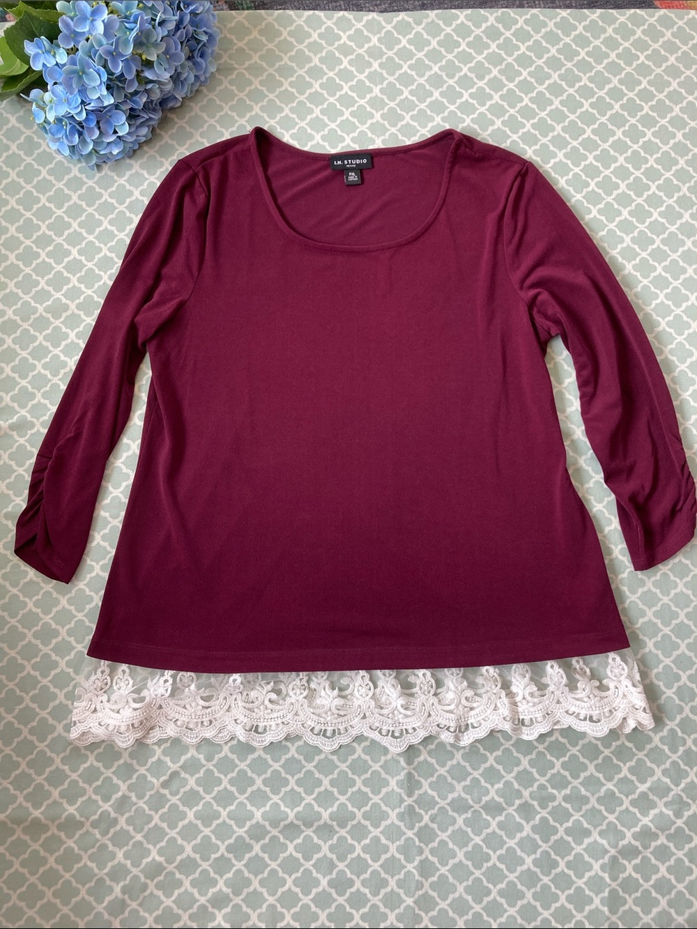 IN Studio Purple W/Lace Trim Blouse XL Petite